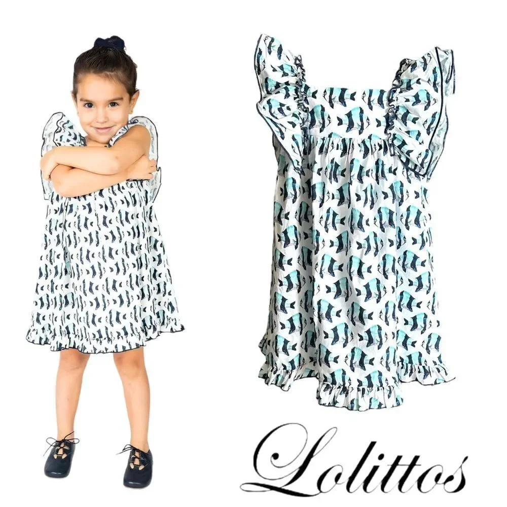 LOLITTOS | Blue | COTTON FISH PRINTED DRESS